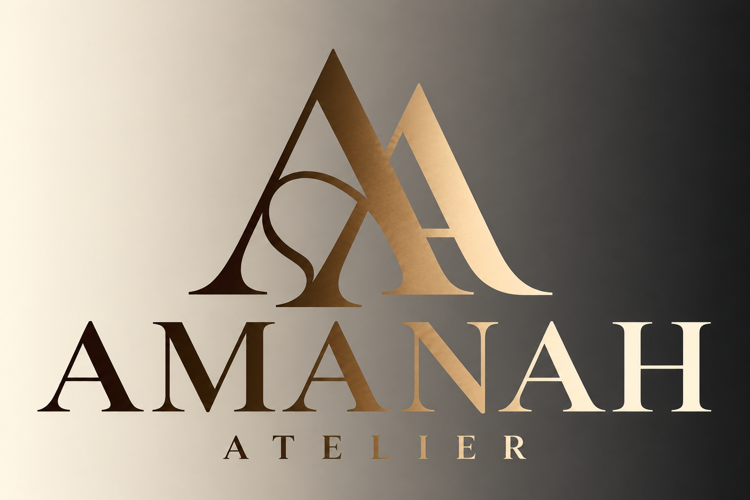 Amanah Atelier, gekozen Klassiek AA — Balans, met een verloop van donker links naar licht rechts in donkerbrons en champagne, op een achtergrond van licht links naar donker rechts